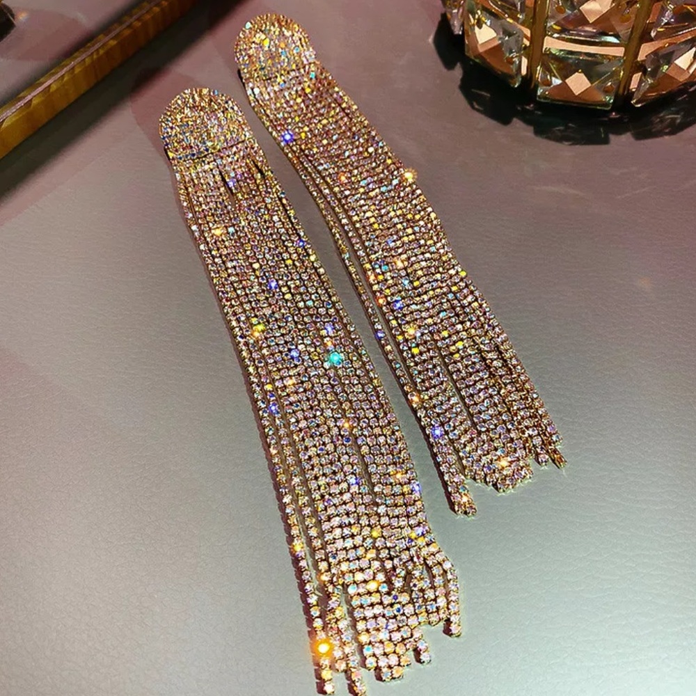 Gold plated rhinestone tassel earrings - Picture 2 of 5